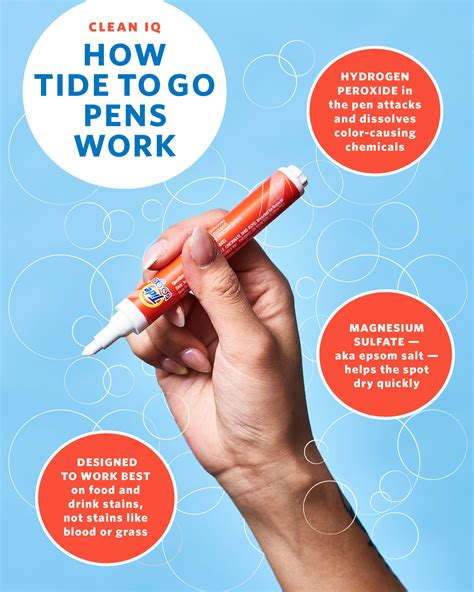 Tide pens - Using your Tide to Go pen is easy, and these simple steps will help you get the most out of your product: Remove the cap and gently shake it. Place the pen’s tip directly onto the stain and press firmly 3-5 times. Wipe away the excess liquid with a cloth or paper towel, repeating steps 2 and 3 as needed. Allow your item to air dry …
